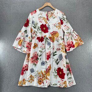 UMGEE Dress Womens Small Red Multi Floral Empire Waist Bell Sleeve Surplice Boho